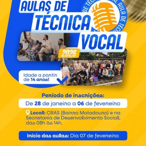 Inscrições abertas! Aulas de técnica vocal 2026. Idade a partir de 14 anos. Faça já a sua inscrição!