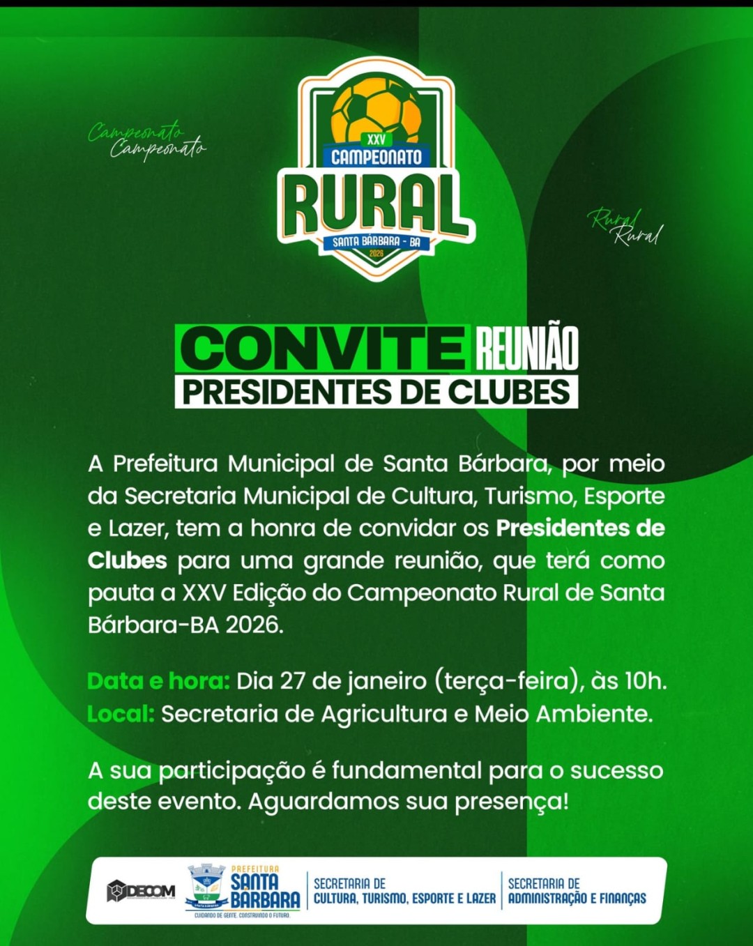 Convite | Reunião - Presidentes de Clubes. XXV Campeonato Rural de Santa Bárbara-BA 2026